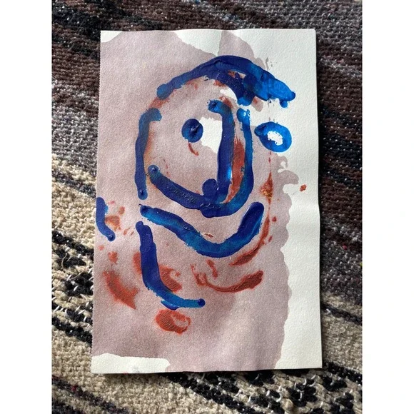 Original Abstract‎ Face Painting Blue Red Art on Paper Unique Gift 5.5 x 85